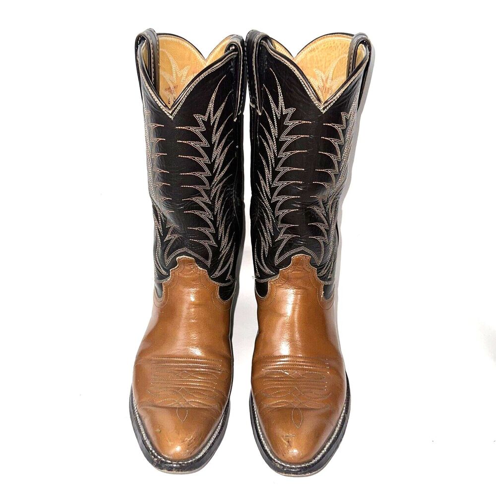JUSTIN Western Boots Womens Size 6 B Cowgirl Brown Tan Black Leather Pointed Toe